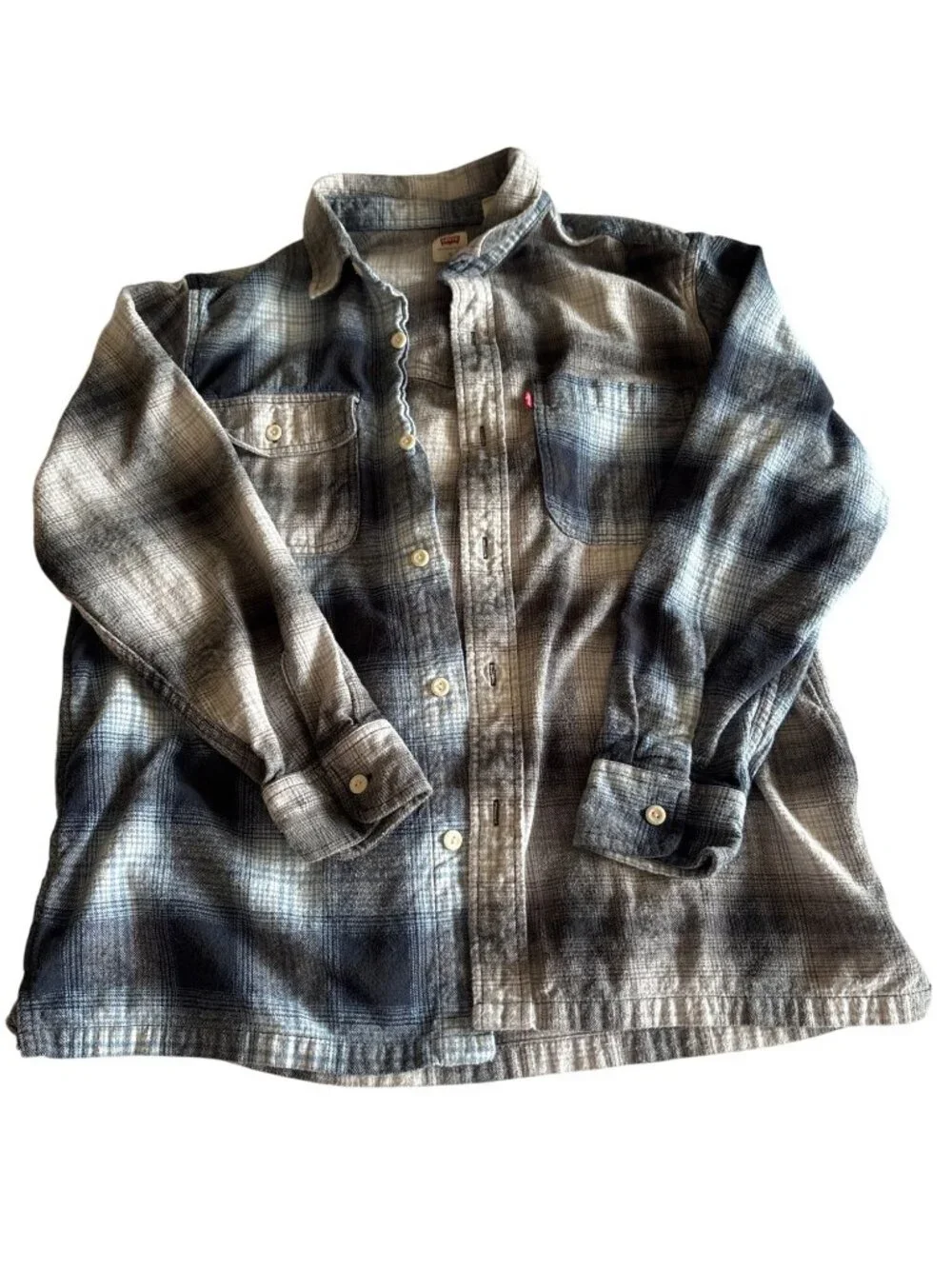 Levis Mens Medium Plaid Button-Up Flannel Shirt In Blue & Gray Vintage